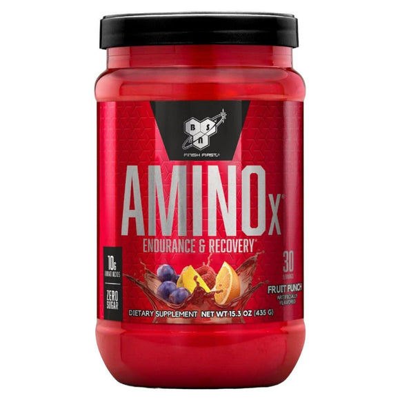 Frasco de AMINOx Endurance & Recovery, sabor Fruit Punch, con 10g de BCAA y sin azúcar añadido.