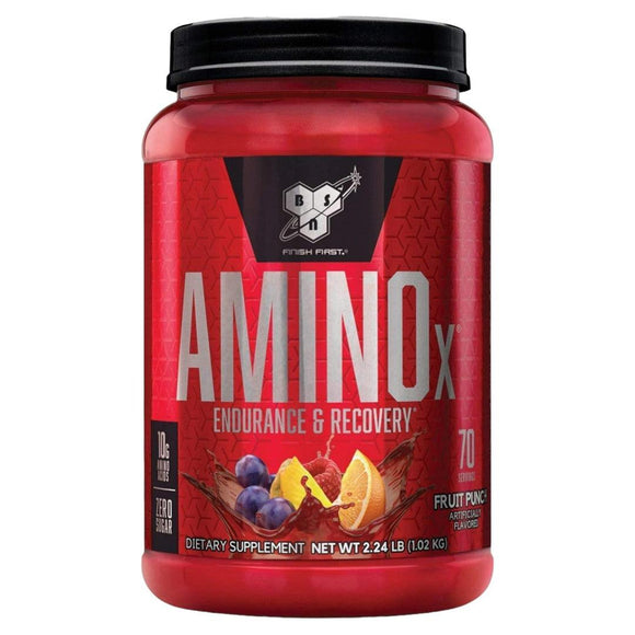 Frasco de AMINOx Endurance & Recovery, sabor Fruit Punch, con 10g de BCAA y sin azúcar añadido.