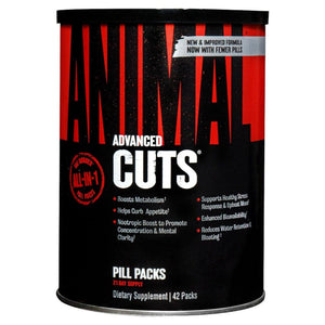 Frasco de suplemento Animal Cuts Advanced Formula, un quemador de grasa avanzado con fórmula de 21 días y múltiples complejos que promueven la quema de grasa, el enfoque mental y la retención de masa muscular.