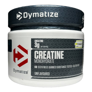 Envase frontal de Creatina Monohidratada Dymatize 300g. Suplemento en polvo sin sabor con 88 porciones y 3g de creatina por porción. Certificado libre de gluten y sustancias prohibidas.