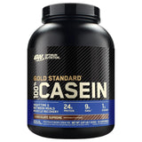 Frasco de Gold Standard 100% Casein en sabor Chocolate Supreme con 24g de proteína de digestión lenta por porción, diseñado para recuperación muscular entre comidas y durante el sueño.