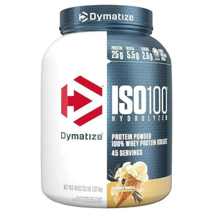 Envase de Proteína ISO100 Dymatize sabor Vainilla Gourmet, mostrando la etiqueta frontal con 25g de proteína, 5.5g de BCAA y 2.7g de leucina por porción.