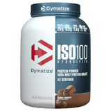 Envase de Proteína ISO100 Dymatize sabor Gourmet Chocolate, mostrando la etiqueta frontal con 25g de proteína, 5.5g de BCAA y 2.7g de leucina por porción.