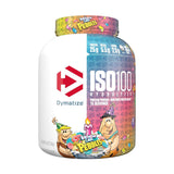 Envase de Proteína ISO100 Dymatize sabor Birthday Cake Pebbles, mostrando la etiqueta frontal con 25g de proteína, 5.5g de BCAA y 2.7g de leucina por porción.