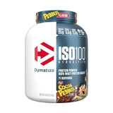 Envase de Proteína ISO100 Dymatize sabor Cocoa Pebbles, mostrando la etiqueta frontal con 25g de proteína, 5.5g de BCAA y 2.7g de leucina por porción.