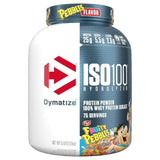 Envase de Proteína ISO100 Dymatize sabor Fruity Pebbles, edición especial, mostrando la etiqueta frontal con 25g de proteína, 5.5g de BCAA y 2.7g de leucina por porción.