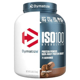 Envase de Proteína ISO100 Dymatize sabor Gourmet Chocolate, mostrando la etiqueta frontal con 25g de proteína, 5.5g de BCAA y 2.7g de leucina por porción.