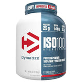 Envase de Proteína ISO100 Dymatize sabor Strawberry, mostrando la etiqueta frontal con 25g de proteína, 5.5g de BCAA y 2.7g de leucina por porción.