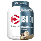 Envase de Proteína ISO100 Dymatize sabor Cookies and Cream, mostrando la etiqueta frontal con 25g de proteína, 5.5g de BCAA y 2.7g de leucina por porción.