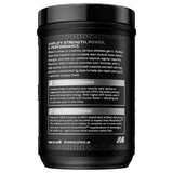 Vista trasera de la creatina MuscleTech Platinum 100% Creatine con detalles de beneficios como el aumento de fuerza, potencia y rendimiento, fórmula pura de creatina monohidratada.