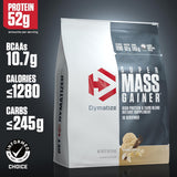 Bolsa de Super Mass Gainer Dymatize 12 lb sabor Vainilla, vista lateral del producto diseñado para ganar masa muscular.