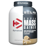 Frasco de Super Mass Gainer Dymatize 6 lb sabor Vainilla, ganador de masa con 52g de proteínas y 1280 calorías por porción.