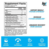 Información nutricional de Best BCAA de BPI Sports: contiene 35 calorías por porción, 5 g de BCAAs, 1 g de ácidos grasos Omega 6 y Agmatina Sulfato para optimizar la recuperación muscular.