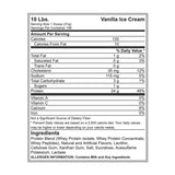 Lista de ingredientes y valores nutricionales de la proteína Gold Standard Whey sabor Vanilla Ice Cream, que incluye proteína de suero, sabores naturales y artificiales, y alérgenos como leche y soya.